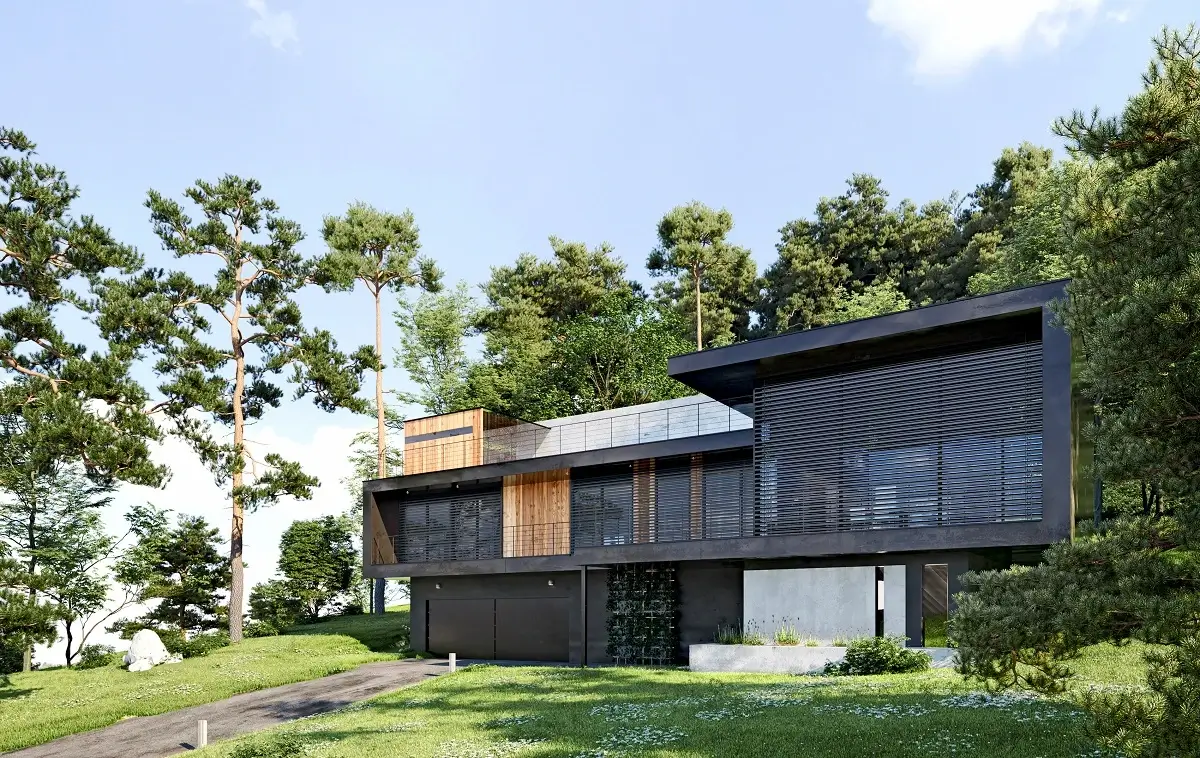 Maison contemporaine équipée de protections solaires sur de grandes baies vitrées