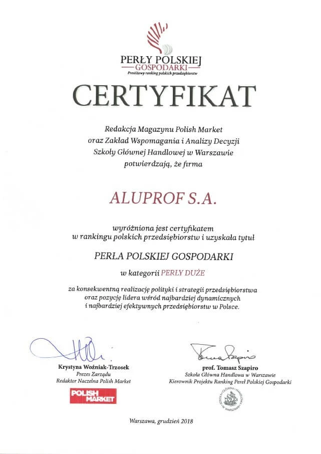 Certyfikat Perła Polskiej Gospodarki
