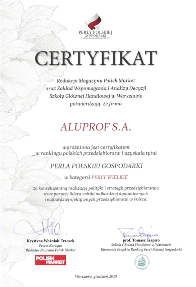 Certyfikat Perła Polskiej Gospodarki