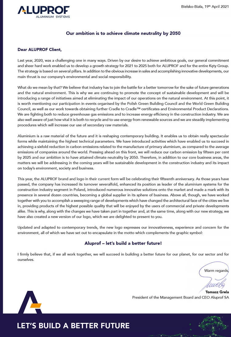 Let's build a better future! A letter from the CEO about ALUPROF’s rebranding