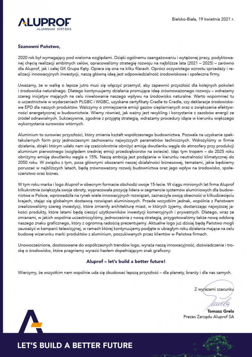 Let's build a better future! List Prezesa Zarządu w sprawie rebrandingu marki Aluprof
