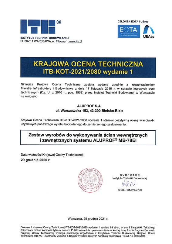Krajowa Ocena Techniczna dla ścian systemu Aluprof MB-78EI