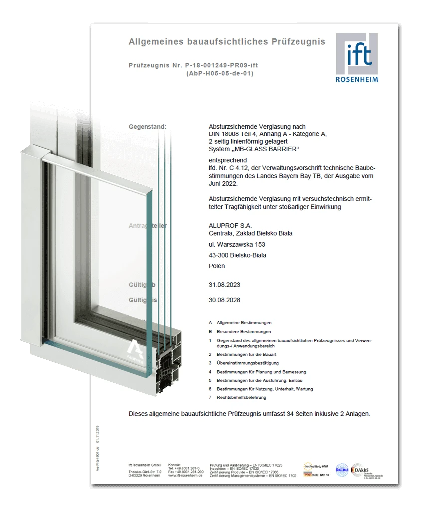 Szklane balustrady ALUPROF MB-GLASS BARRIER z dokumentem dopuszczającym na rynek niemiecki