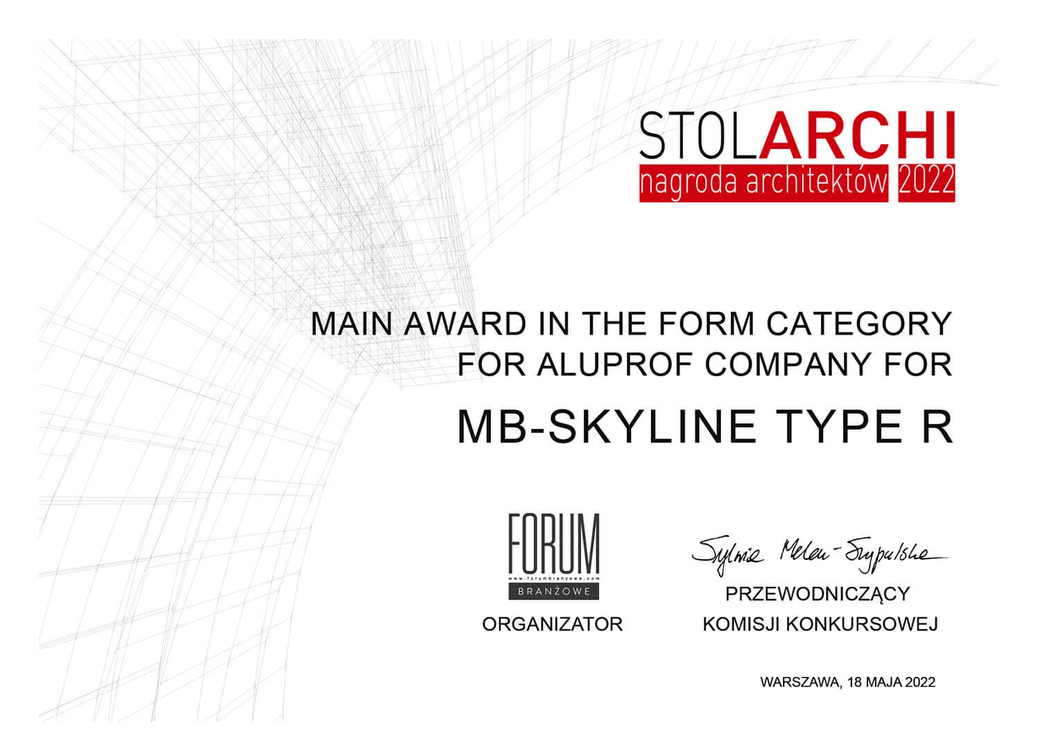 The MB-Skyline Type R from ALUPROF SA wins a StolArchi 2022 award!