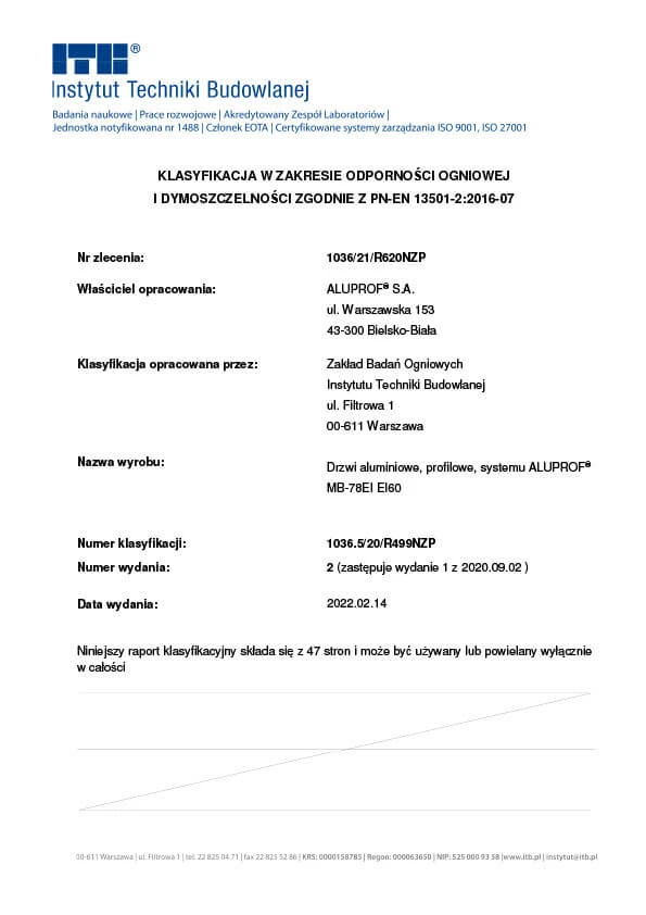Nowy Raport Klasyfikacyjny dla drzwi przeciwpożarowych i dymoszczelnych systemu MB-78EI w klasie EI60