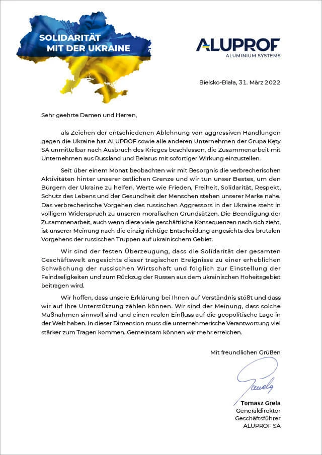 SOLIDARITÄT MIT DER UKRAINE – Aluprof beendet die Zusammenarbeit mit Firmen aus Russland und Weißrussland