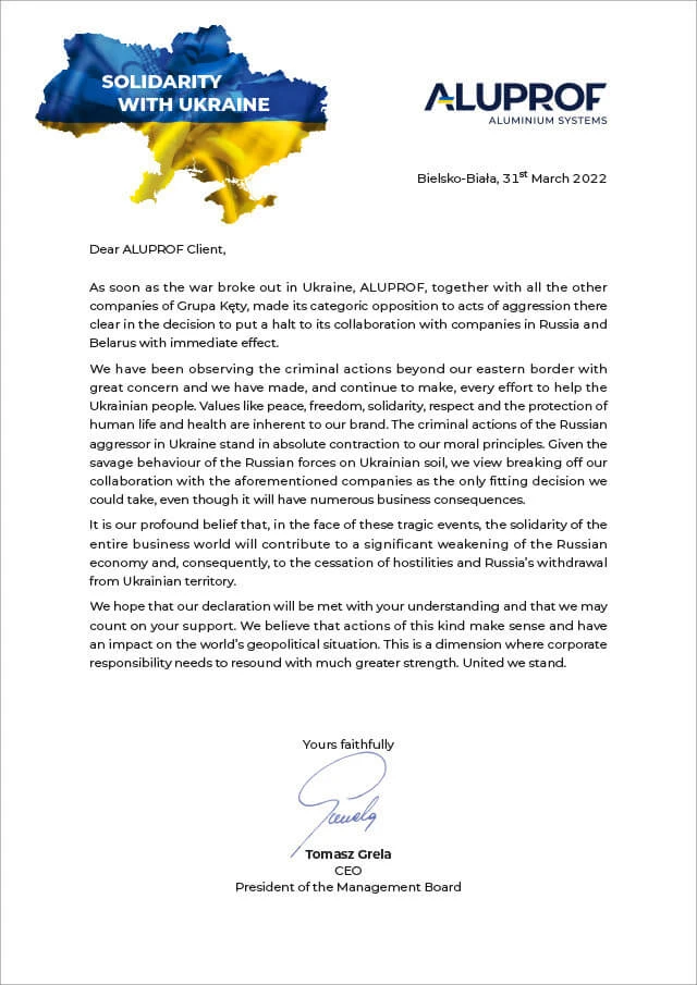 SOLIDARITY WITH UKRAINE. ALUPROF breaks off collaboration with companies from Russia and Belarus