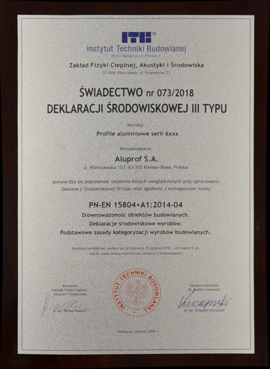 Aluprof to Have the Quality of Its Systems Verified by an Environmental Product Declaration (EPD)