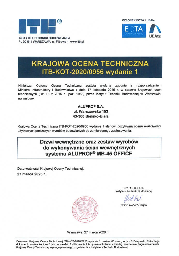 Krajowa Ocena Techniczna ITB dla systemu przegród wewnętrznych MB-45 OFFICE