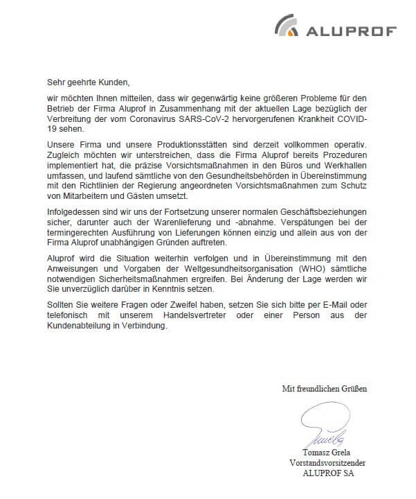 Brief des CEO von Aluprof über die Arbeitsweise des Unternehmens in Zeiten der Coronavirus (COVID-19) Bedrohung