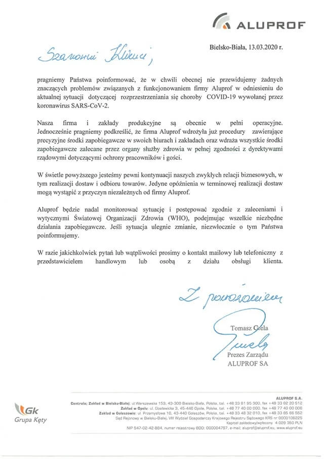 List prezesa zarządu Aluprof w sprawie funkcjonowania firmy w sytuacji zagrożenia koronawirusem (COVID-19)