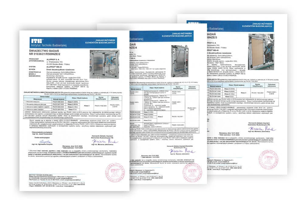 Świadectwa ITT dla drzwi wewnętrznych MB-45 zgodnie z PN-EN 14351-2
